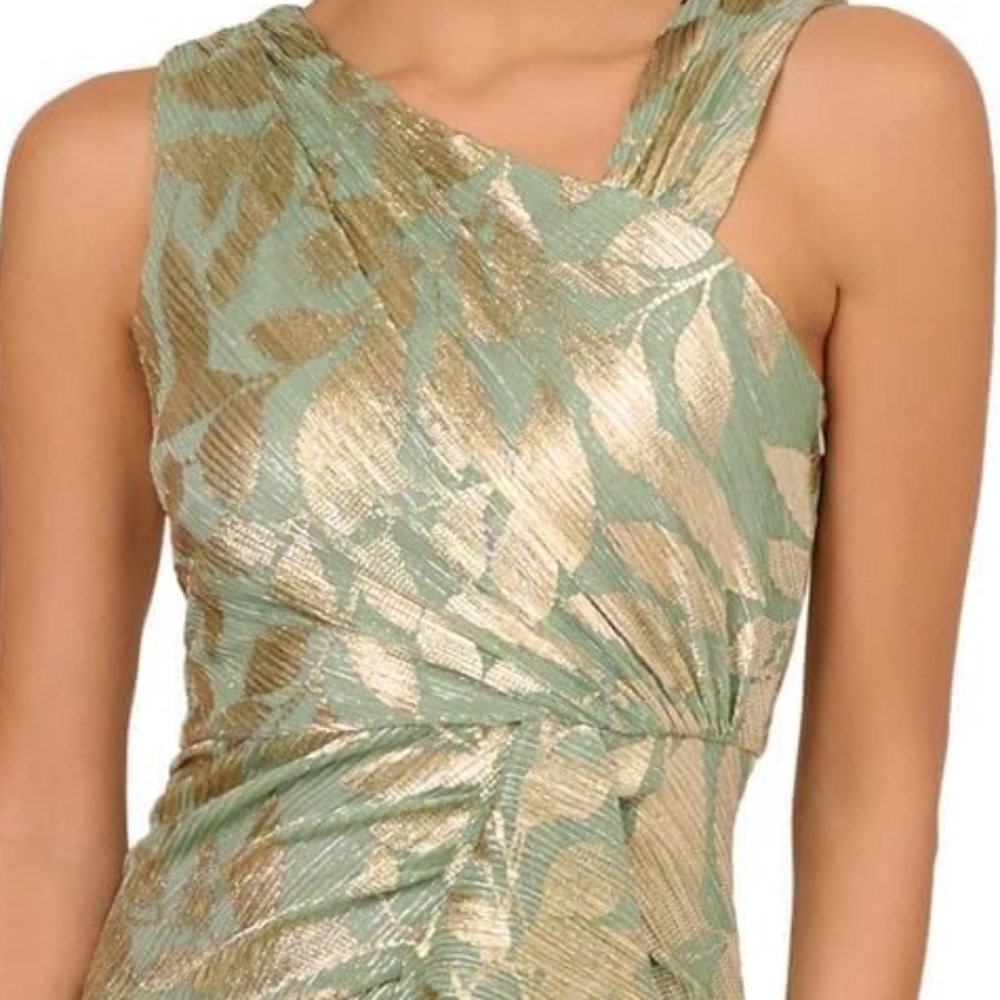 Adrianna PAPELL FOIL PRINTED ASYMMETRIC GOWN SAGE GOLD SIZE 8 $109.00